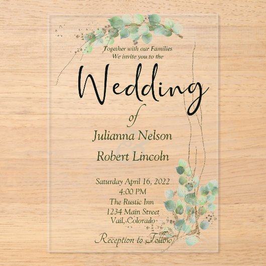 Eukalyptus und Goldhochzeit Acryleinladungen (Vorderseite)