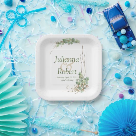 Eukalyptus- und Goldhochzeitszettel-Teller Pappteller (Party)