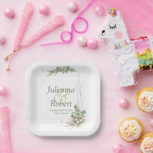 Eukalyptus- und Goldhochzeitszettel-Teller Pappteller (Party)