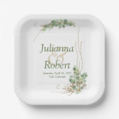Eukalyptus- und Goldhochzeitszettel-Teller Pappteller (Vorderseite)