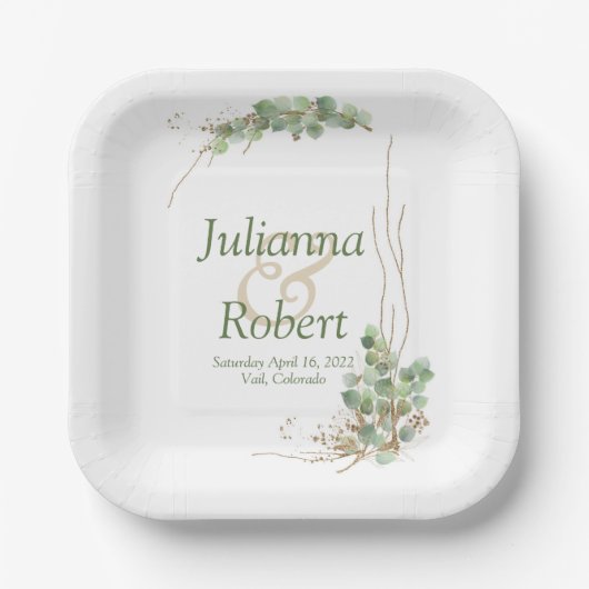 Eukalyptus- und Goldhochzeitszettel-Teller Pappteller (Vorderseite)