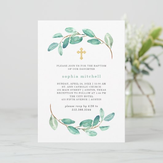Eukalyptus und Goldkreuz | Taufe Einladung (Stehend Vorderseite)