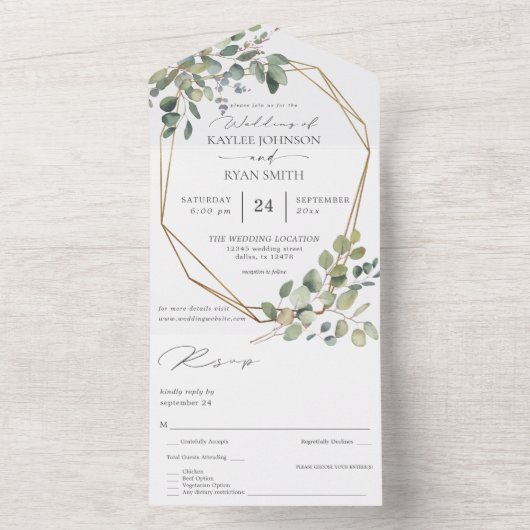 Eukalyptus und Goldrahmen All In One Einladung (Innen Boden)