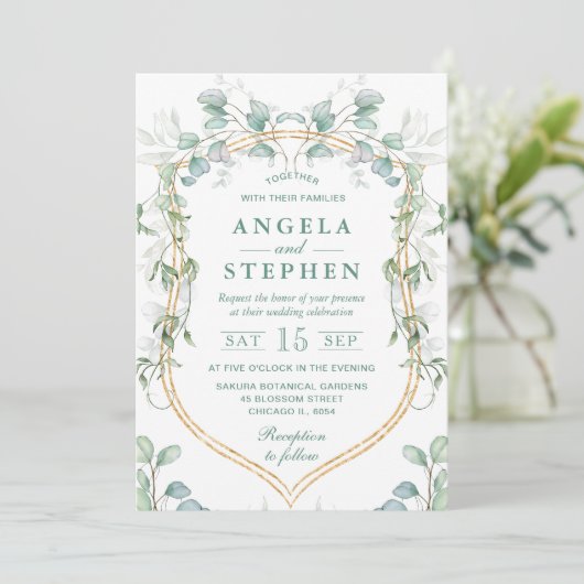 Eukalyptus und Goldrahmen für Wasserfarben Einladung (Stehend Vorderseite)