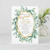 Eukalyptus und Goldrahmen Grüne Blumentaufen Einladung (Stehend Vorderseite)