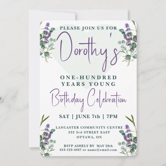 Eukalyptus und Lavender 100. Geburtstag Einladung (Vorderseite)