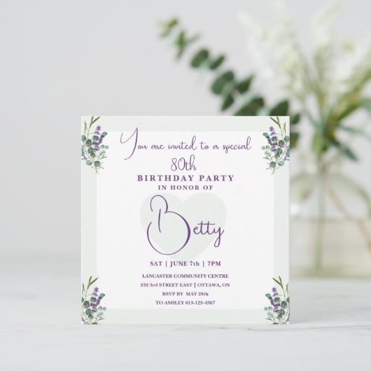 Eukalyptus und Lavender 100. Geburtstag Einladung (Stehend Vorderseite)
