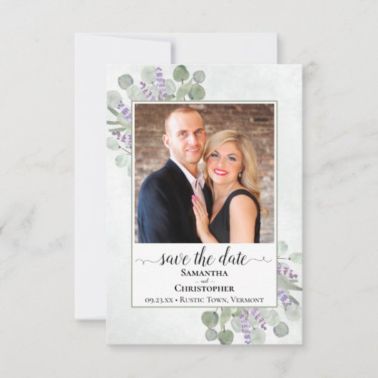 Eukalyptus und Lavender Foto Einfache Hochzeit Save The Date (Vorderseite)