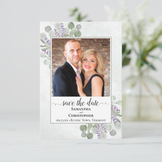 Eukalyptus und Lavender Foto Einfache Hochzeit Save The Date (Stehend Vorderseite)