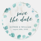 Eukalyptus und Marmor Save the Date Runder Aufkleber (Vorderseite)