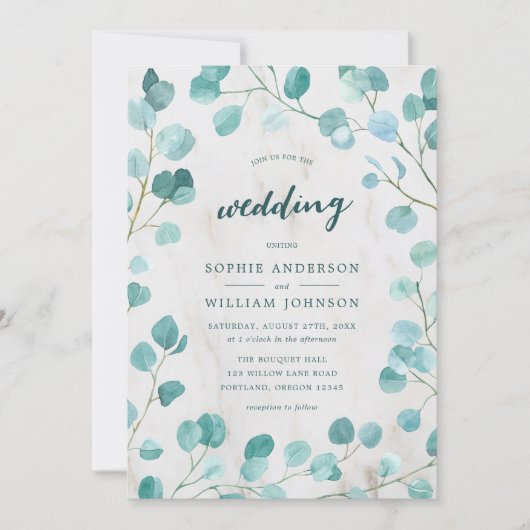 Eukalyptus und Marmorhochzeit Einladung (Vorderseite)