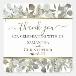 Eukalyptus und Pine dank Hochzeit in rustikaler Wa Quadratischer Aufkleber