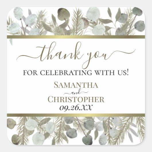 Eukalyptus und Pine dank Hochzeit in rustikaler Wa Quadratischer Aufkleber (Vorderseite)