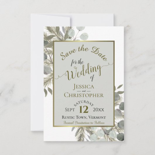 Eukalyptus und Pine Gray Wedding Save The Date (Vorderseite)