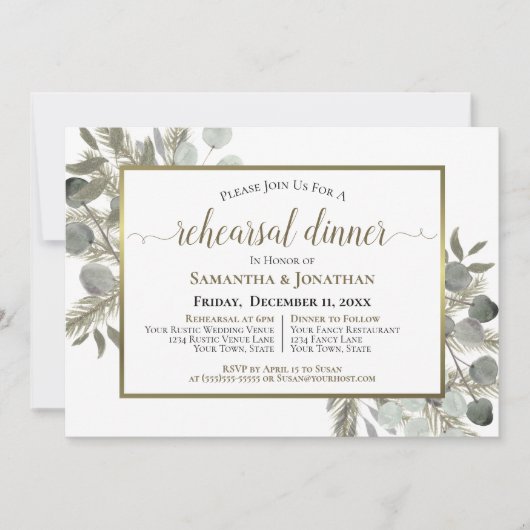 Eukalyptus und Pine Wedding Probe Dinner Einladung (Vorderseite)