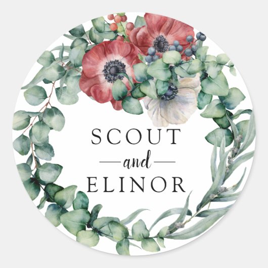 Eukalyptus und Rote Gastgeschenk Hochzeit Runder Aufkleber (Vorderseite)