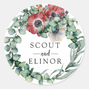 Eukalyptus und Rote Gastgeschenk Hochzeit Runder Aufkleber