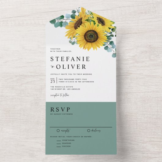 Eukalyptus und Sonnenblumen All In One Einladung (Innen Boden)