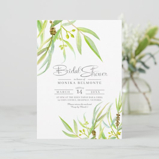 Eukalyptus verlasse Aquarellfarben-Brautparty Einladung (Stehend Vorderseite)