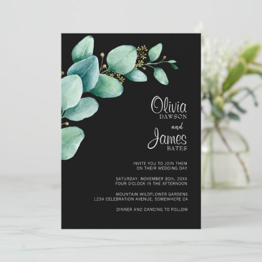 Eukalyptus Verlasse Black Wedding Einladung (Stehend Vorderseite)