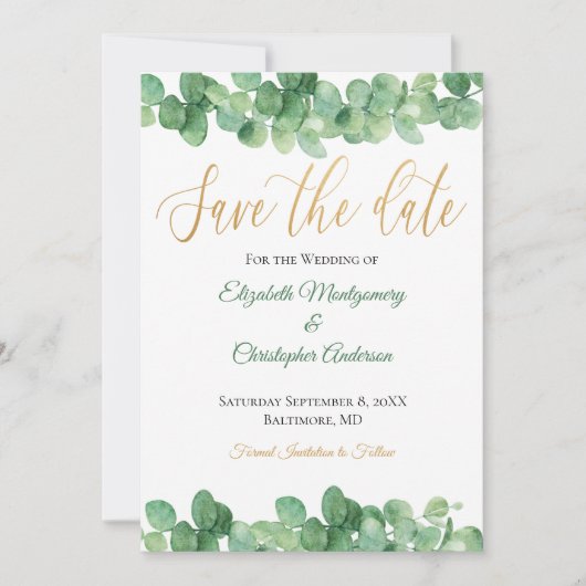Eukalyptus Verlasse Gold Green Trendy Elegant Save The Date (Vorderseite)