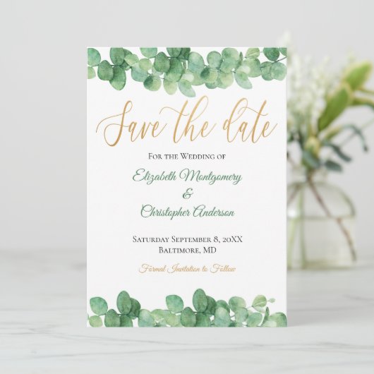 Eukalyptus Verlasse Gold Green Trendy Elegant Save The Date (Stehend Vorderseite)