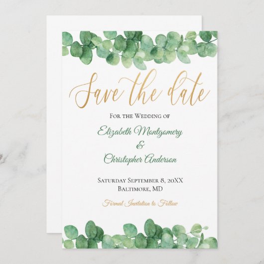 Eukalyptus Verlasse Gold Green Trendy Elegant Save The Date (Vorne/Hinten)