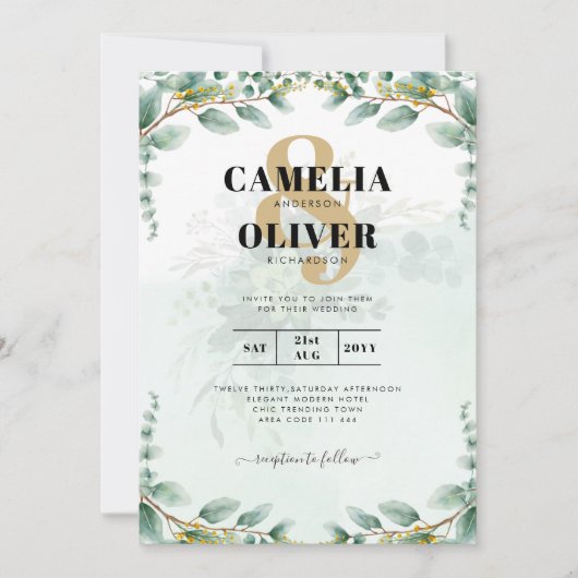Eukalyptus Verlasse GOLD WEDD QR CODE BUDGET Einladung (Vorderseite)