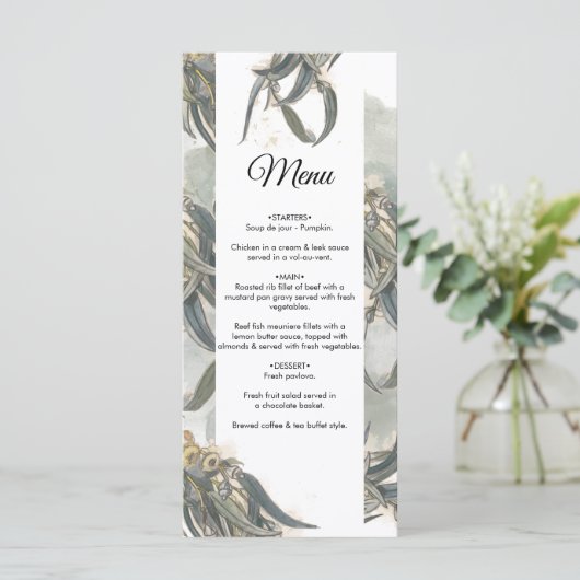 Eukalyptus Verlasse Grüne Hochzeit Menükarte (Stehend Vorderseite)