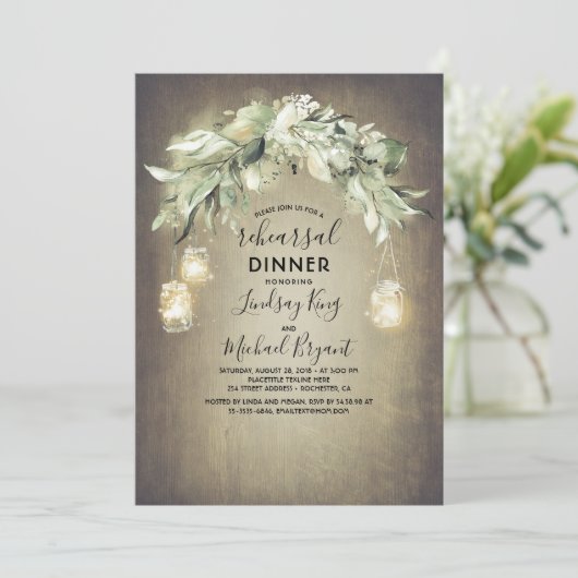 Eukalyptus Verlasse Grüne Rustikale Probe Abendess Einladung (Stehend Vorderseite)