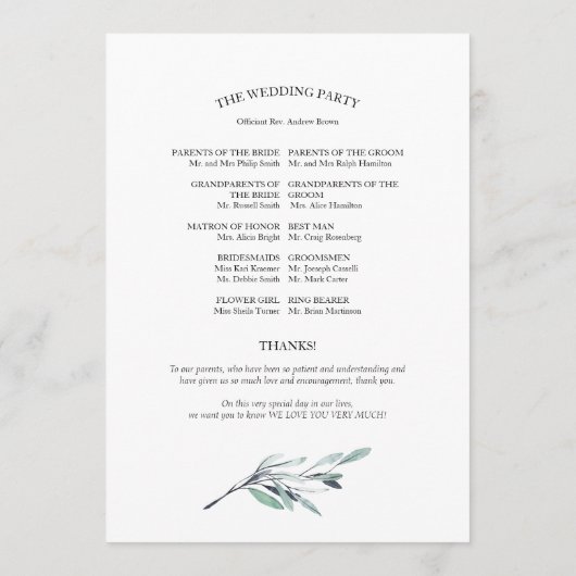 Eukalyptus Verlasse Grünheiratsprogramme Programm (Rückseite)