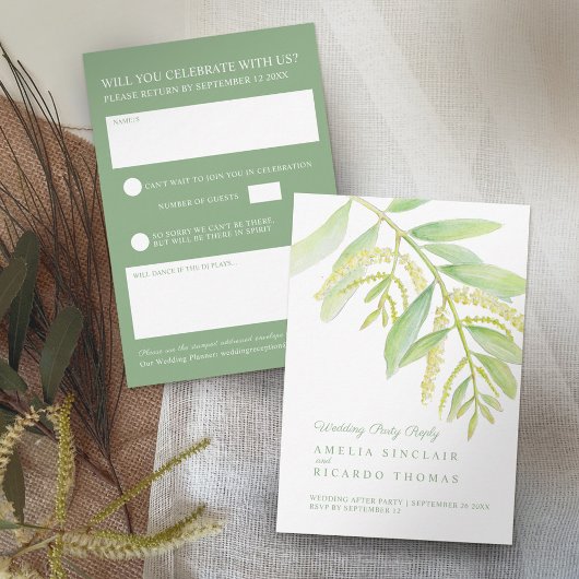Eukalyptus verlasse Hochzeit mit grünem Wasser RSVP Karte