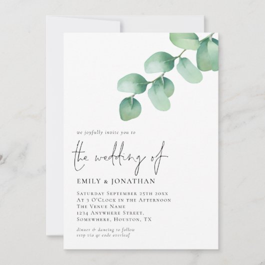 Eukalyptus Verlasse QR-Code-Skript-Hochzeit Einladung (Vorderseite)