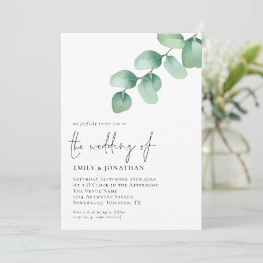 Eukalyptus Verlasse QR-Code-Skript-Hochzeit Einladung (Stehend Vorderseite)