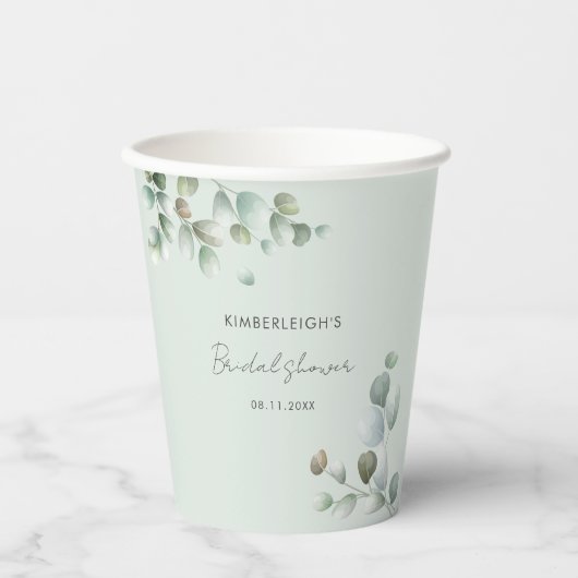 Eukalyptus Verlasse Skriptminimales Brautparty Pappbecher (Vorderseite)