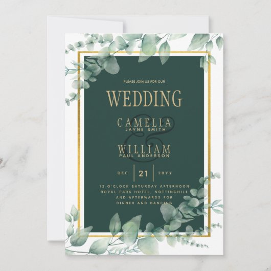 Eukalyptus Verlasse WEDDING Greenery GOLD QR CODE Einladung (Vorderseite)