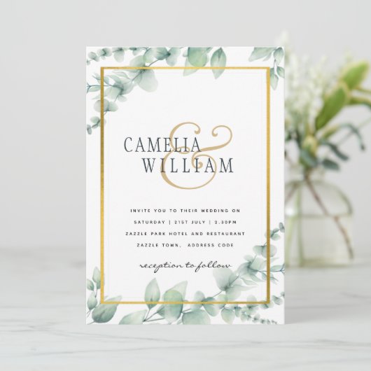 Eukalyptus Verlasse WEDDING Greenery GOLD QR CODE Einladung (Stehend Vorderseite)