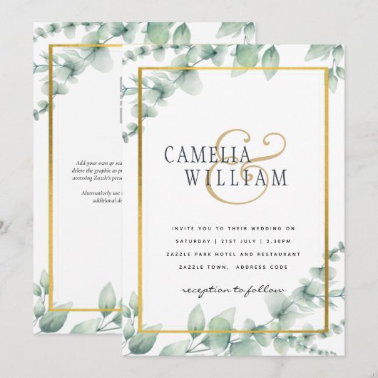 Eukalyptus Verlasse WEDDING Greenery GOLD QR CODE Einladung (Vorne/Hinten)