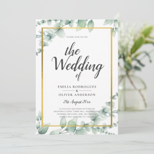 Eukalyptus Verlasse WEDDING Greenery GOLD QR CODE Einladung (Stehend Vorderseite)