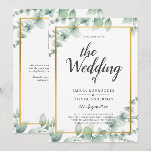 Eukalyptus Verlasse WEDDING Greenery GOLD QR CODE Einladung (Vorne/Hinten)
