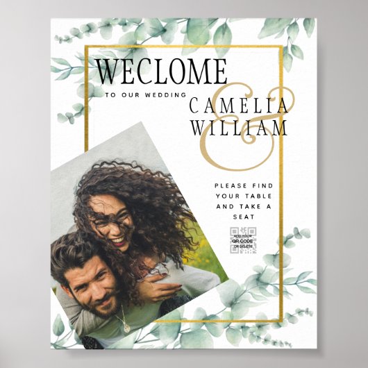 Eukalyptus Verlasse WEDDING Greenery GOLD QR CODE Poster (Vorne)