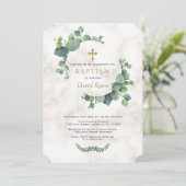 Eukalyptus Verlasse Wreath Cross Marmor Taufe Einladung (Stehend Vorderseite)