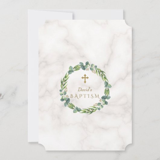 Eukalyptus Verlasse Wreath Cross Marmor Taufe Einladung (Rückseite)