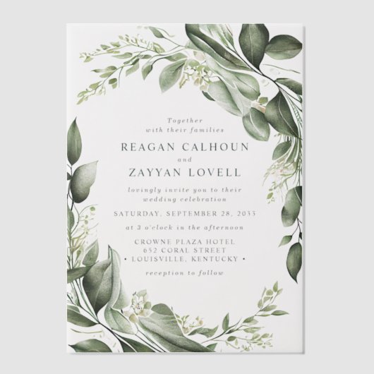 Eukalyptus Verlasse Wreath Modern Wedding Pergament Einladungen (Vorderseite)