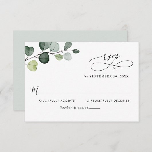 Eukalyptus Verlasst Greenery Monogram RSVP Card (Vorne/Hinten)