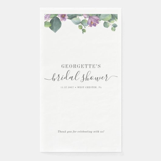 Eukalyptus Verlasst Skript Lila Brautparty Serviette (Vorderseite)