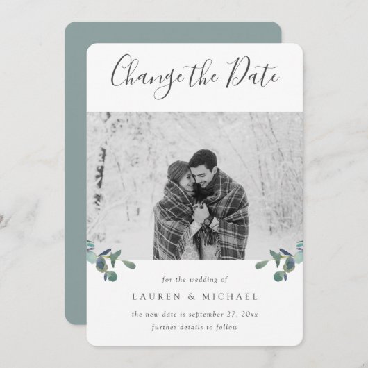 Eukalyptus Wappen Aquarellfarben Foto Datum ändern Ankündigung (Vorne/Hinten)