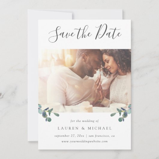 Eukalyptus-Wappen | Foto Aquarell Save The Date (Vorderseite)