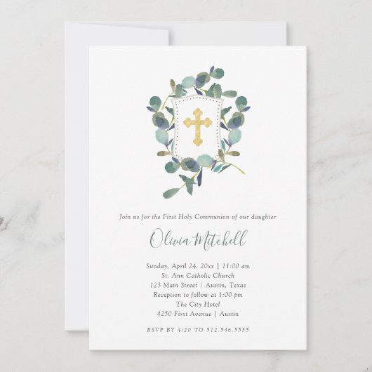 Eukalyptus-Wappen | Wasserfarbe Erste heilige Komm Einladung (Vorderseite)