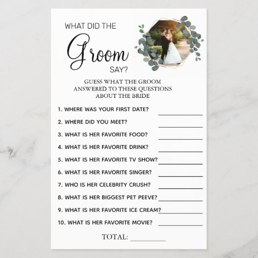 Eukalyptus Was Bräutigam sagen Brautparty-Spielkar Flyer (Vorne)